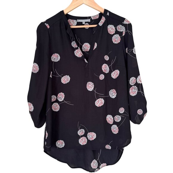 Daniel Rainn Black Floral Print Blouse  M 3/4 Sleeves & High-Low Hem - Picture 1 of 8